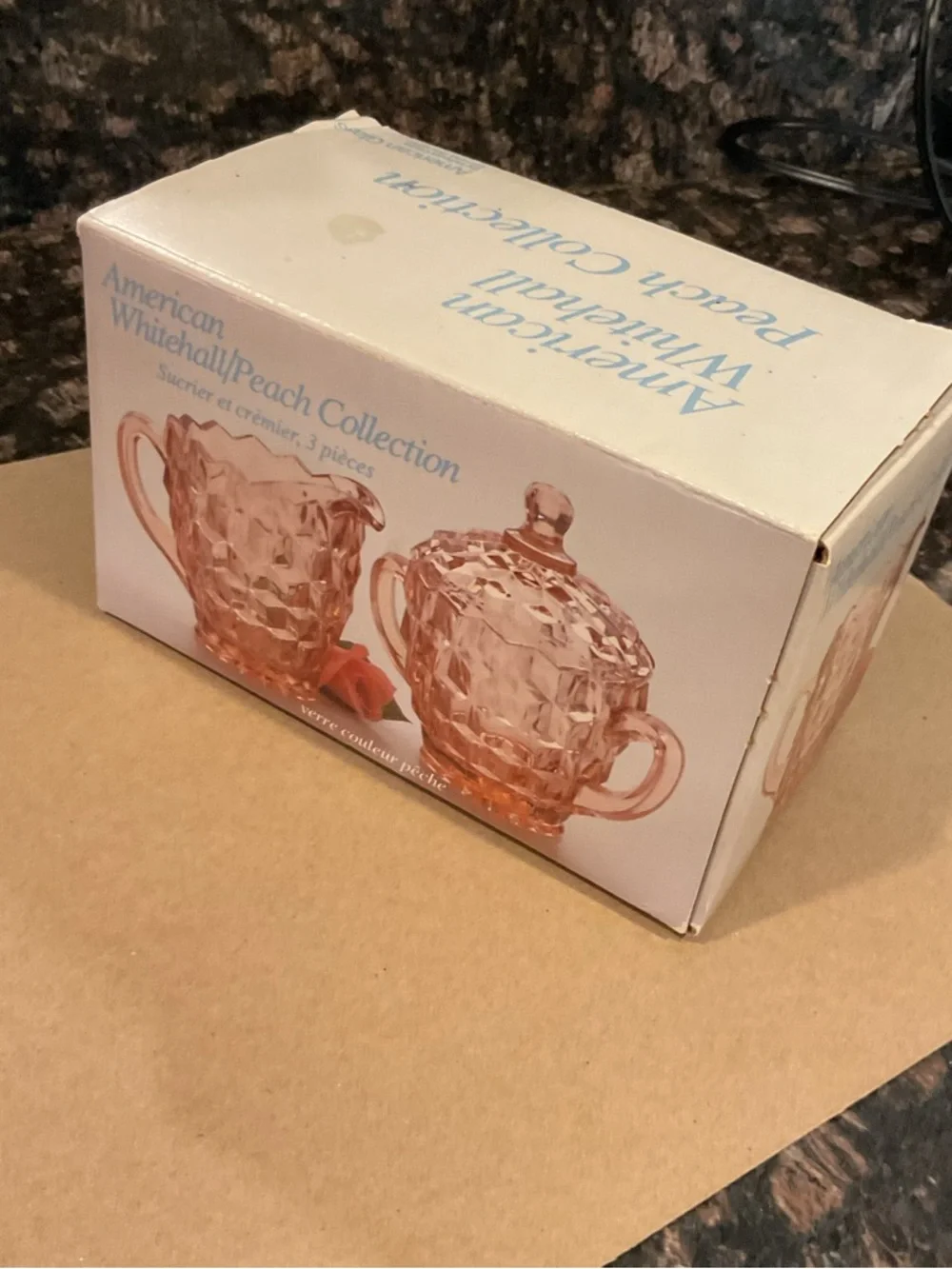 Vintage Pink Depression Glass Creamer and Covered Sugar Set with Original Box